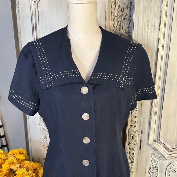 Cynthia Howie Navy Blue Linen Blend Sailor Dress with Shell Button Detail - Picture 2 of 8